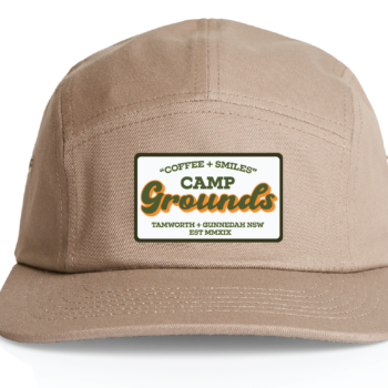 Camp Grounds Tamworth Gunnedah NSW Coffee Merchandise Five panel cap hat khaki patch