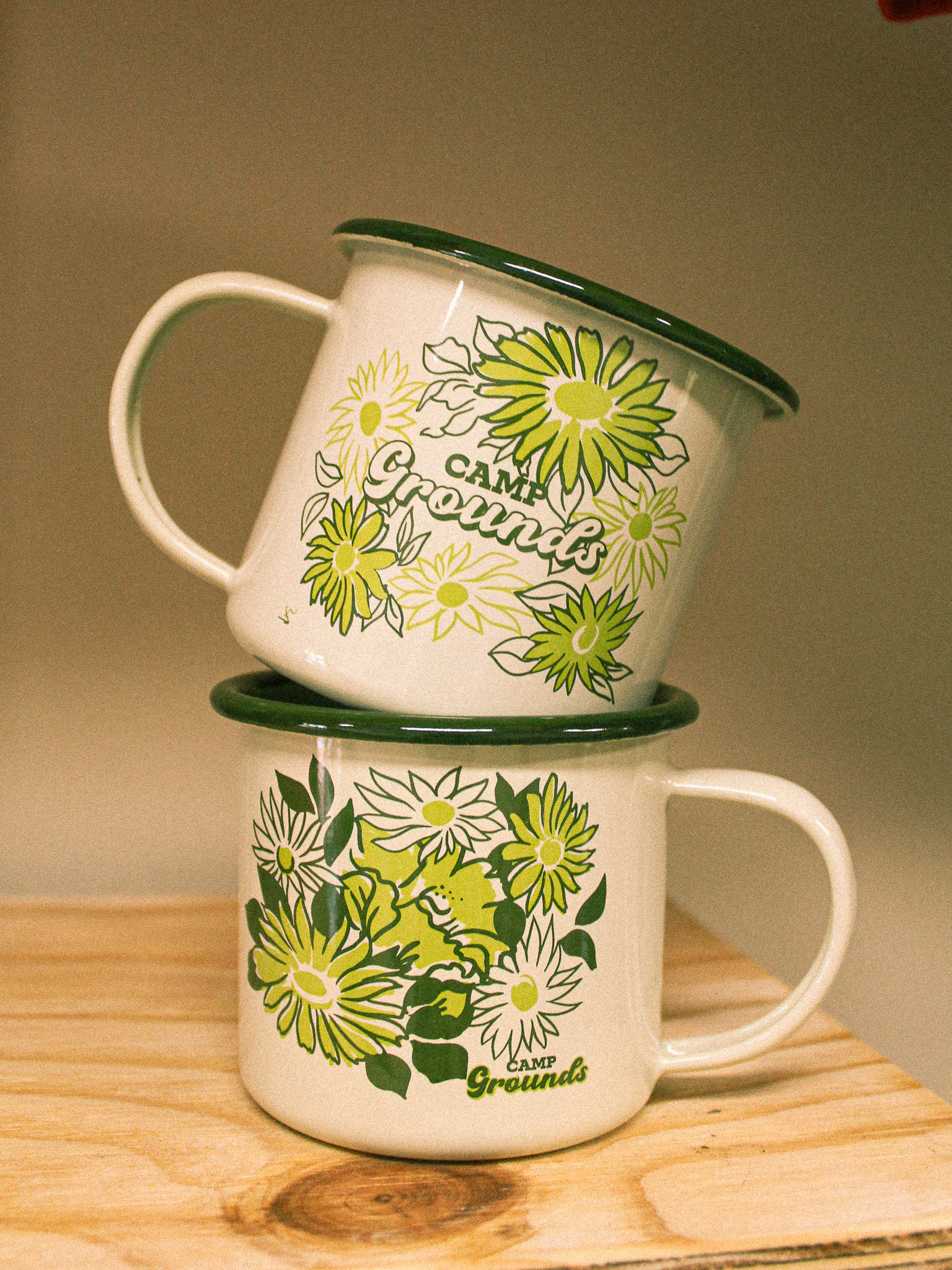Enamel Mug Retro Green Floral Camp Grounds Specialty Coffee Shop